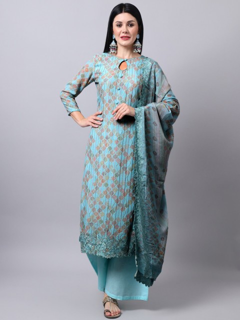 

Stylee LIFESTYLE Turquoise Women Blue & Blue Embroidered Pure Silk Dress Material, Turquoise blue
