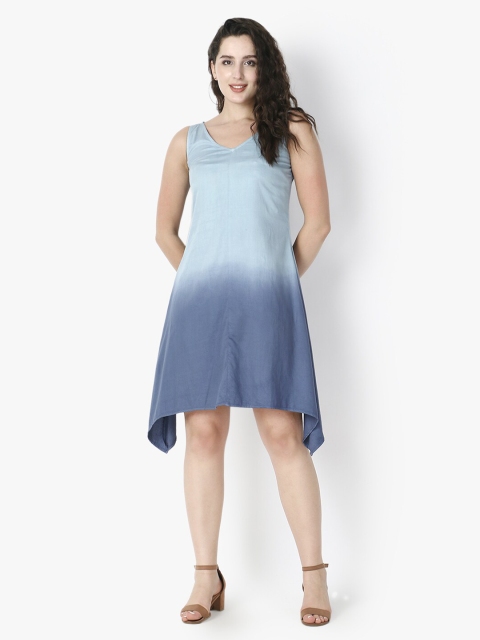 

Again fashions Women Coloured Blocked Blue A-Line Dress