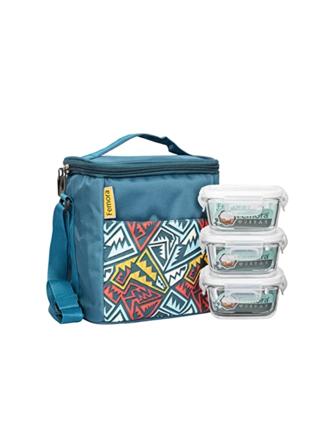 

Femora Set Of 3 Transparent & Blue Square Lunch Box With Bag