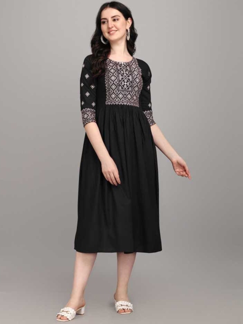 

FAVRIZ Women Black Geometric Printed Empire Midi Ethnic Dress