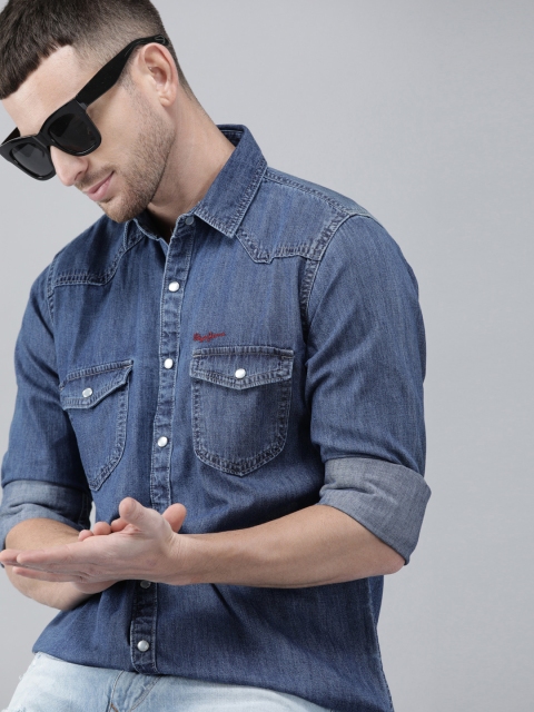 

Pepe Jeans Men Blue Semi Fit Solid Casual Denim Shirt
