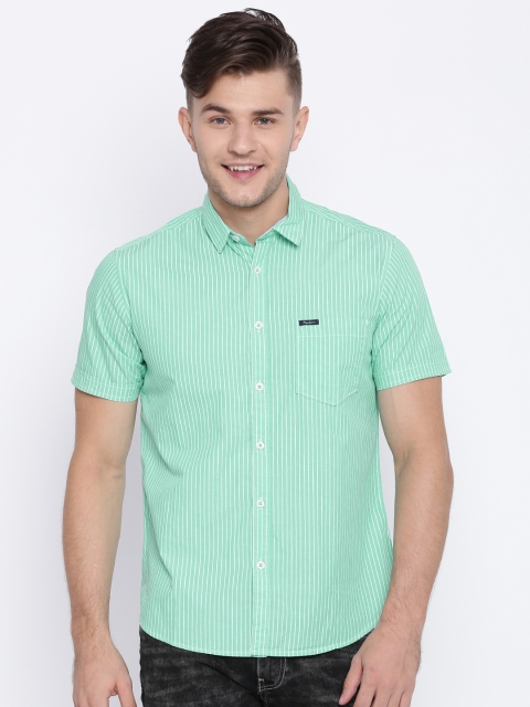 

Pepe Jeans Men Green & White Regular Fit Striped Casual Shirt