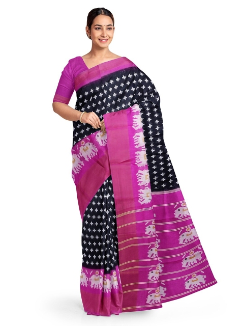 

KALINI Black & Purple Kalamkari Silk Blend Ready to Wear Bhagalpuri Saree