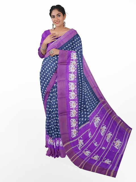 

KALINI Navy Blue & Violet Kalamkari Silk Blend Bhagalpuri Saree