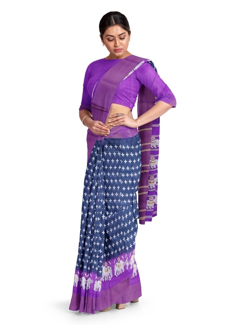 

KALINI Blue & Purple Kalamkari Silk Blend Ready to Wear Bhagalpuri Saree, Grey