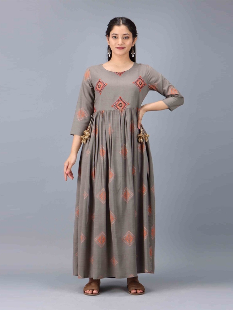 

KALINI Grey & Orange Ethnic Motifs A-Line Maxi Dress