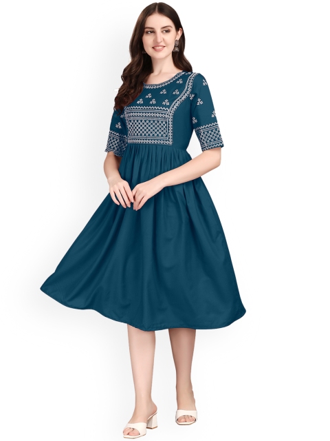 

FAVRIZ Women Blue Ethnic Motifs Yoke Design Thread Work Anarkali Kurta