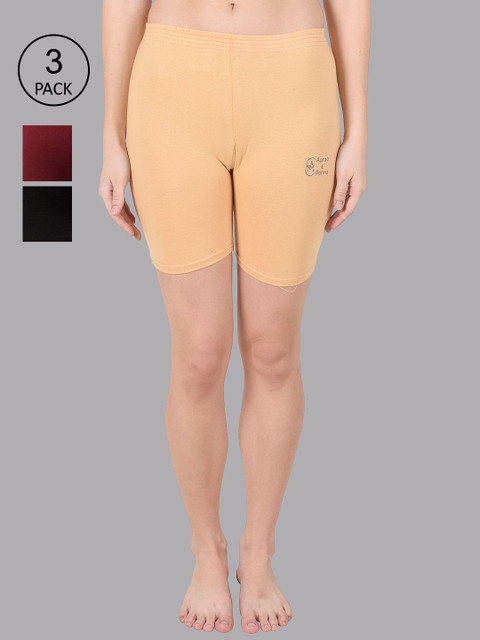 

Apraa & Parma Women Pack Of 3 Slim Fit Cycling Sports Shorts, Beige