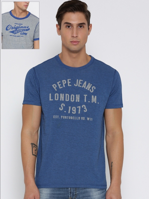 

Pepe Jeans Men Blue & Grey Melange Printed Reversible Round Neck T-shirt