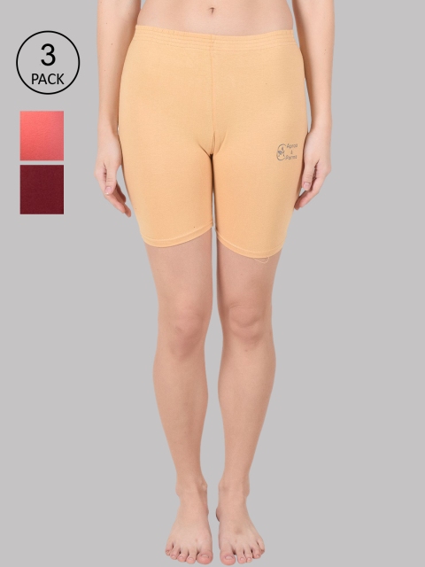 

Apraa & Parma Women Beige & Red Pack Of 3 Slim Fit Cycling Sports Shorts