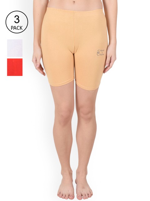 

Apraa & Parma Women White and Red Pack of 3 Slim Fit Cycling Sports Shorts, Beige