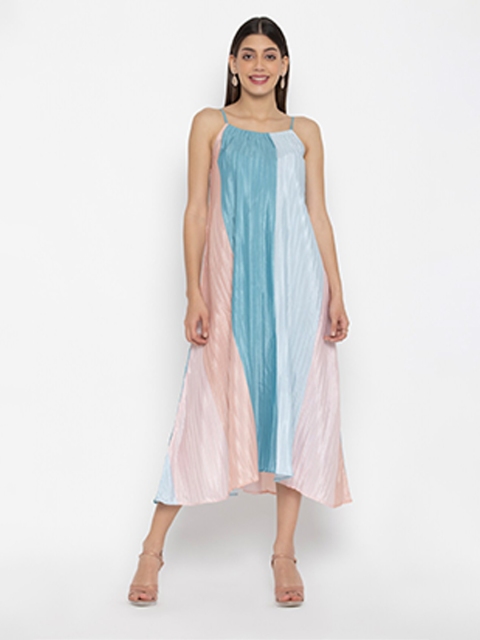 

OCTICS Women Striped Chiffon A-Line Midi Dress, Blue