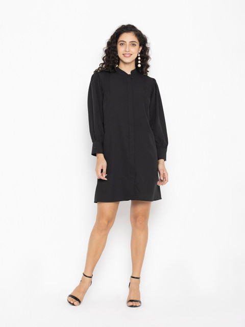 

OCTICS Black Solid Pleated Flare Shirt Dress