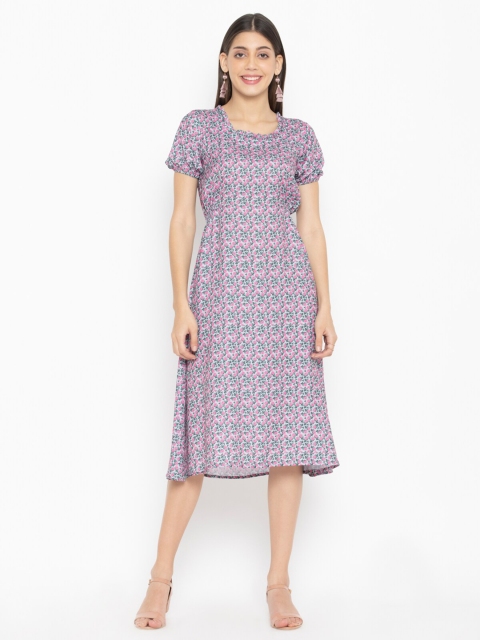 

OCTICS Women Pink Floral Printed A-Line Midi Dress