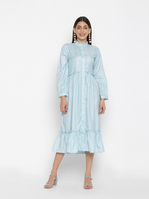 

OCTICS Women Green Solid Cuffed Sleeves Midi Dress