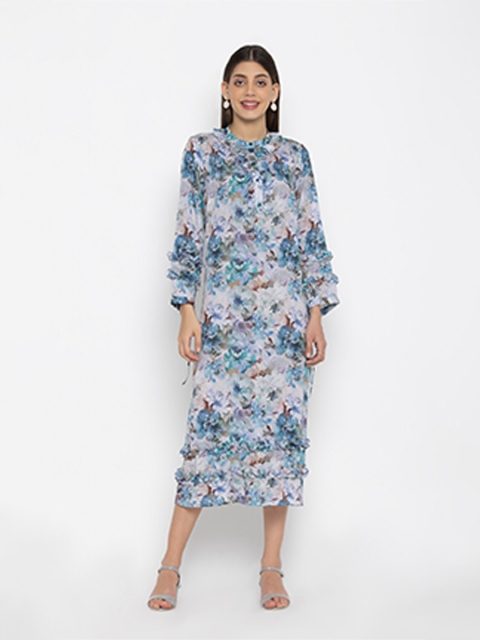 

OCTICS Blue & Grey Floral Chiffon A-Line Midi Dress