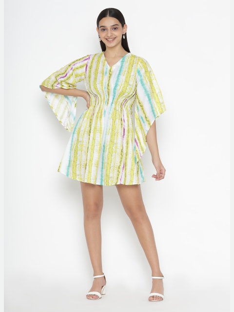 

OCTICS Yellow & Turquoise Blue Striped Kaftan Mini Dress