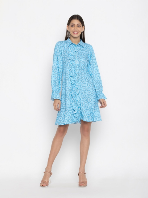 

OCTICS White & Blue Floral Crepe Shirt Dress