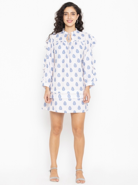 

OCTICS White & Blue Floral A-Line Dress