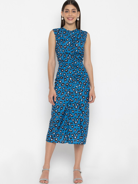 

OCTICS Blue Floral Animal Printed Chiffon A-Line Partywear Midi Dress