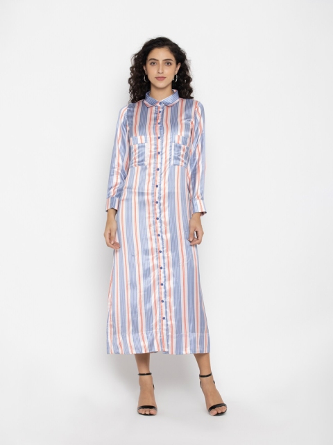 

OCTICS Women Red & Blue Striped Satin A-Line Midi Dress