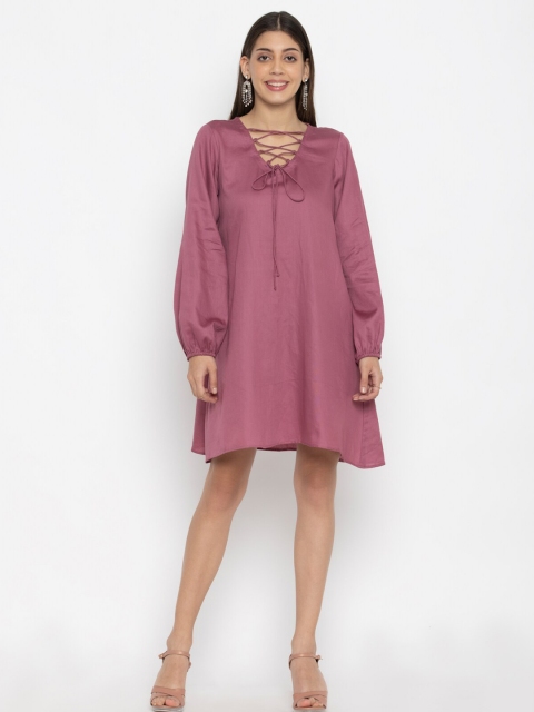 

OCTICS Pink Tie-Up Neck A-Line Dress