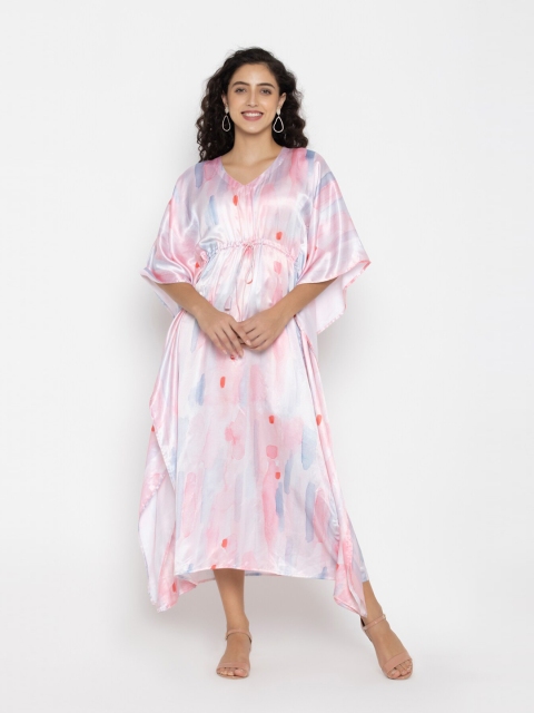 

OCTICS Pink & Blue Tie and Dye Satin Kaftan Midi Dress