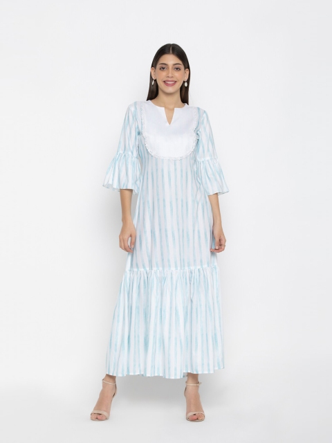 

OCTICS Blue Striped Crepe Maxi Ethnic Dress