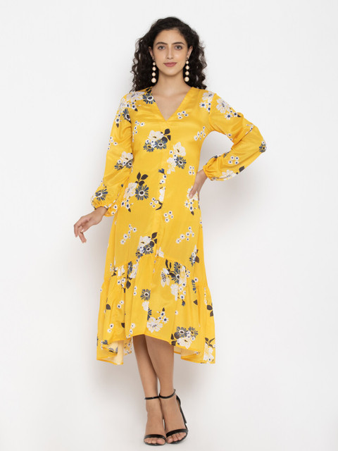 

OCTICS Yellow Floral Chiffon A-Line Midi Dress