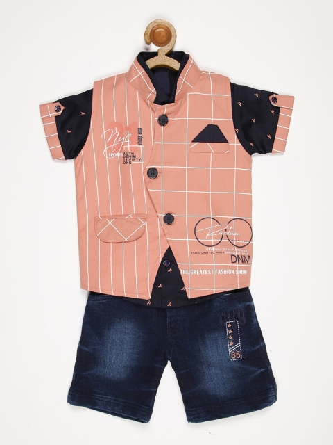 

V2 Value & Variety Boys Peach-Coloured & Blue Checked Clothing Set