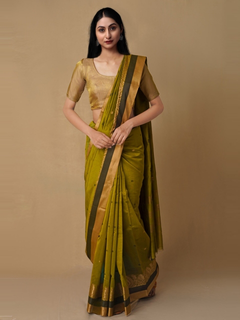 

Unnati Silks Green & Gold-Toned Woven Design Zari Silk Cotton Baluchari Saree