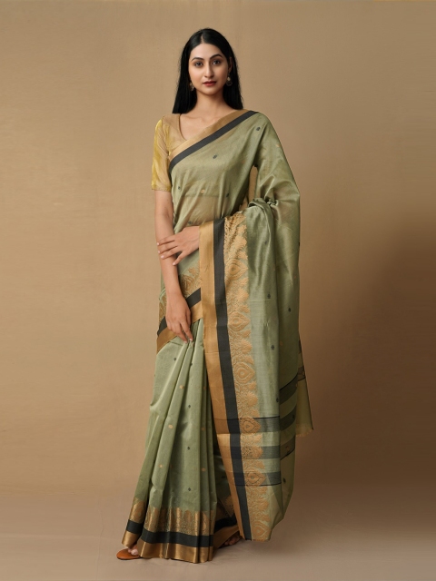 

Unnati Silks Green & Gold-Toned Woven Design Zari Silk Cotton Baluchari Saree