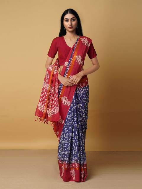 

Unnati Silks Navy Blue & Maroon Ethnic Motifs Silk Blend Baluchari Saree