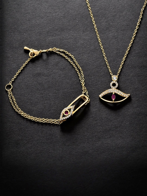 

MINUTIAE Gold-Plated White Crystals Stone-Studded & Evil Eye Charm Jewellery Set