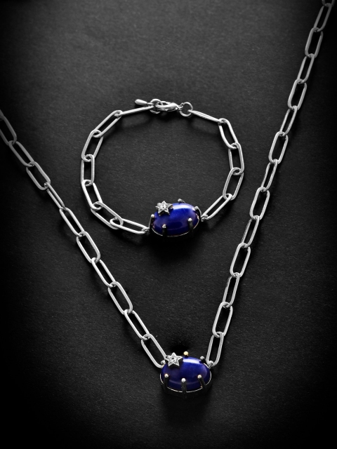 

MINUTIAE Silver-Plated White & Blue Crystals Studded Jewellery Set