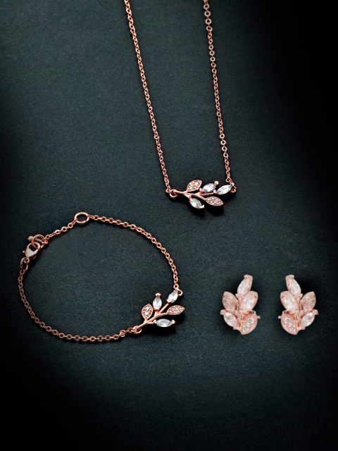 

MINUTIAE Rose Gold-Plated White Marquis Heart Shaped Crystal-Studded & Beaded Jewellery Set