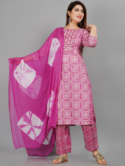 

EtnicaWear Women Pink Ethnic Motifs Printed Pure Cotton Kurta with Palazzos & With Dupatta