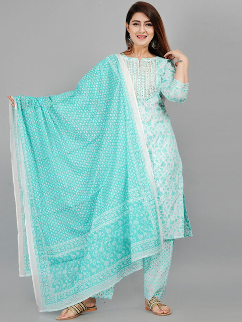 

EtnicaWear Women Turquoise Blue Ethnic Motifs Printed Pure Cotton Kurta with Trousers & With Dupatta