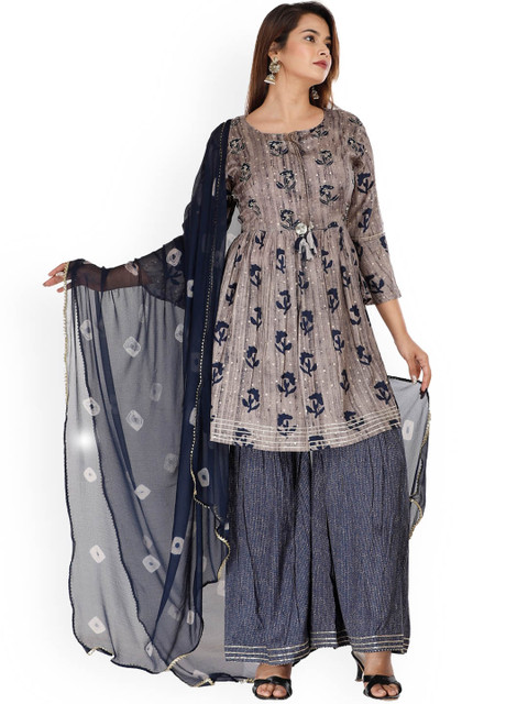 

EtnicaWear Women Blue Ethnic Motifs Printed Empire Thread Work Pure Cotton Kurta with Pyjamas & With Dupatta