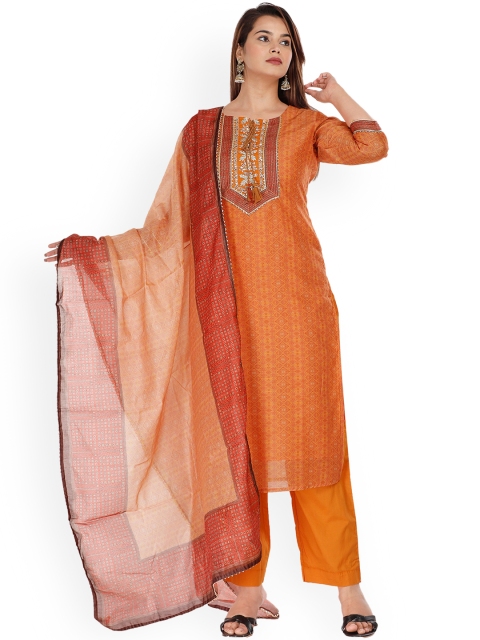 

EtnicaWear Women Orange Embroidered Chanderi Cotton Kurta Set