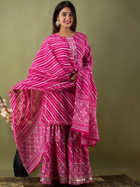 

EtnicaWear Women Pink Leheriya Yoke Design Pure Cotton Kurta with Sharara & With Dupatta