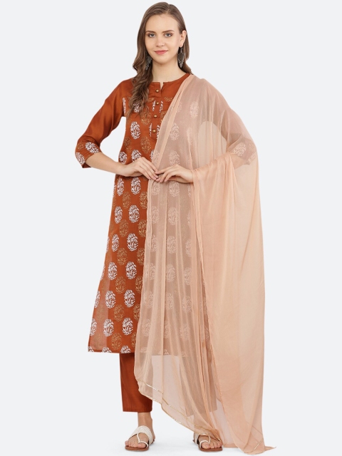 

KETAKI FASHION Women Brown Floral Printed Kurta with Trousers & With Dupatta