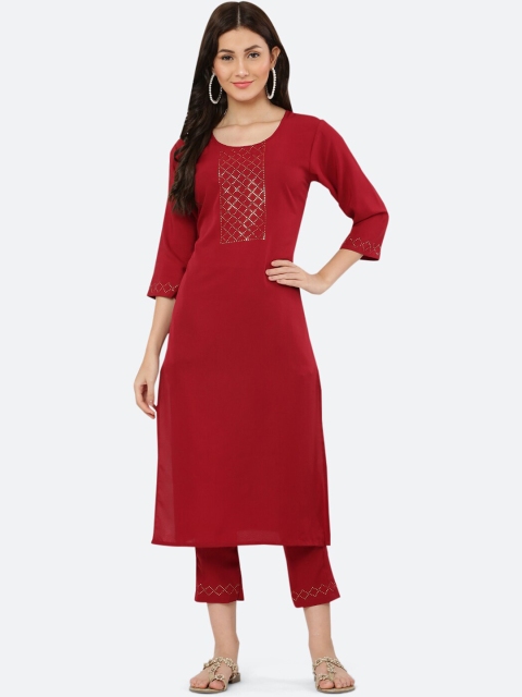

KETAKI FASHION Women Maroon Mirror Work Crepe Kurta with Trousers