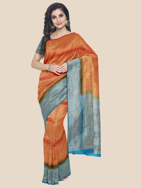 

Kalamandir Orange & Blue Checked Zari Silk Blend Saree