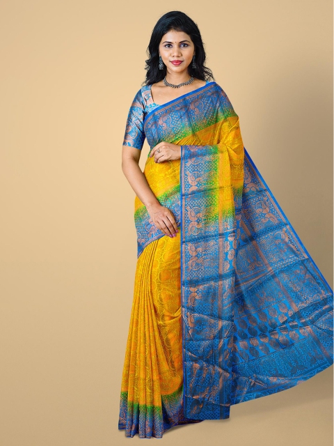 

Kalamandir Yellow & Blue Ethnic Motifs Zari Silk Blend Heavy Work Saree