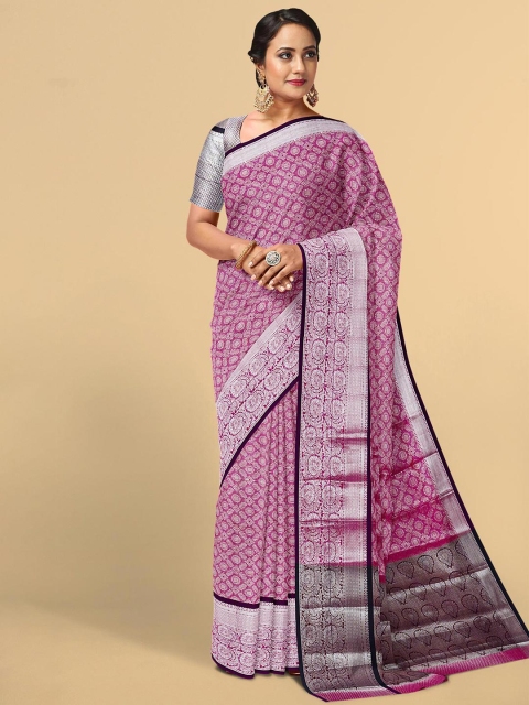 

Kalamandir Pink & Silver-Toned Woven Design Zari Silk Blend Saree