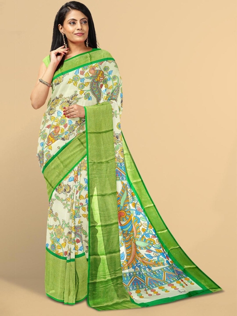 

Kalamandir Cream-Coloured & Green Kalamkari Silk Blend Saree