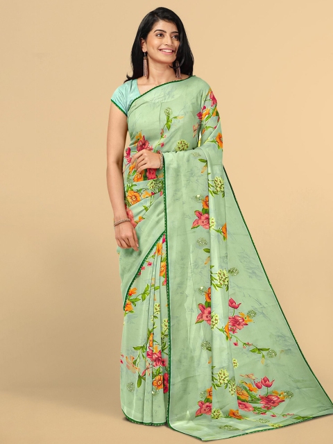 

Kalamandir Sea Green & Pink Floral Silk Blend Saree