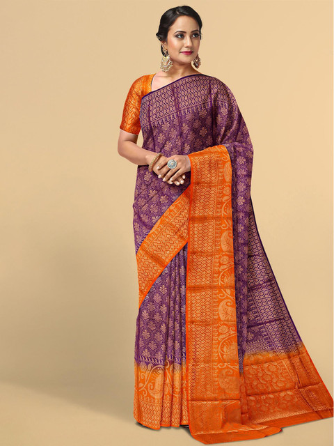 

Kalamandir Women Purple & Orange Woven Design Zari Silk Blend Saree