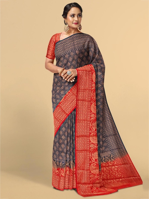 

Kalamandir Navy Blue & Red Woven Design Zari Silk Blend Saree